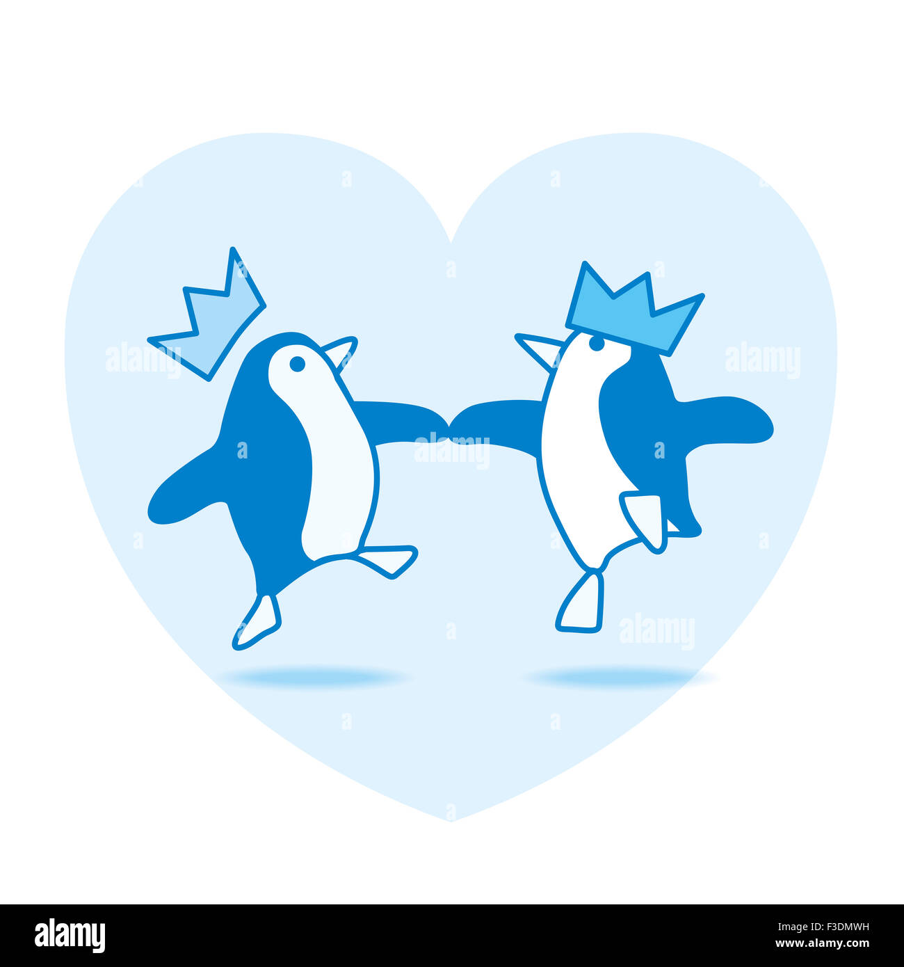 Two Happy Blue Penguins wearing Party Hats Dancing on Blue Heart on White Background Stock Photo