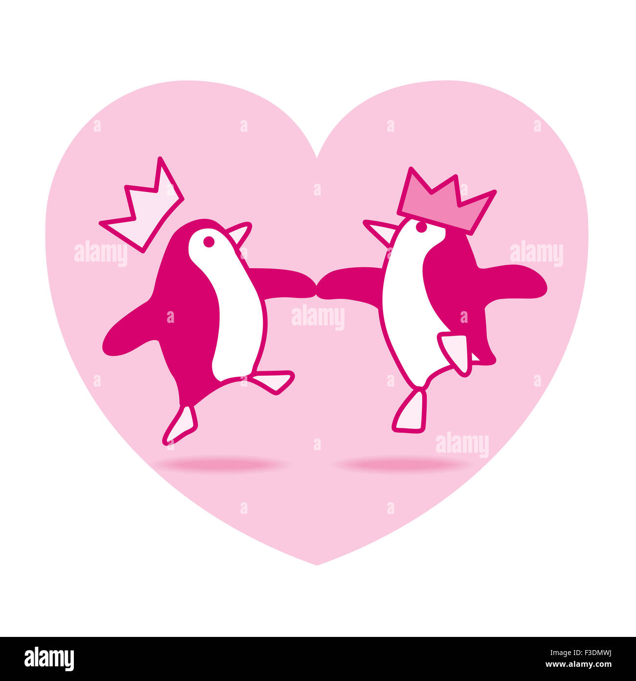 Two Happy Pink Penguins with Paper Hats Dancing with Pink Heart on White Background Stock Photo