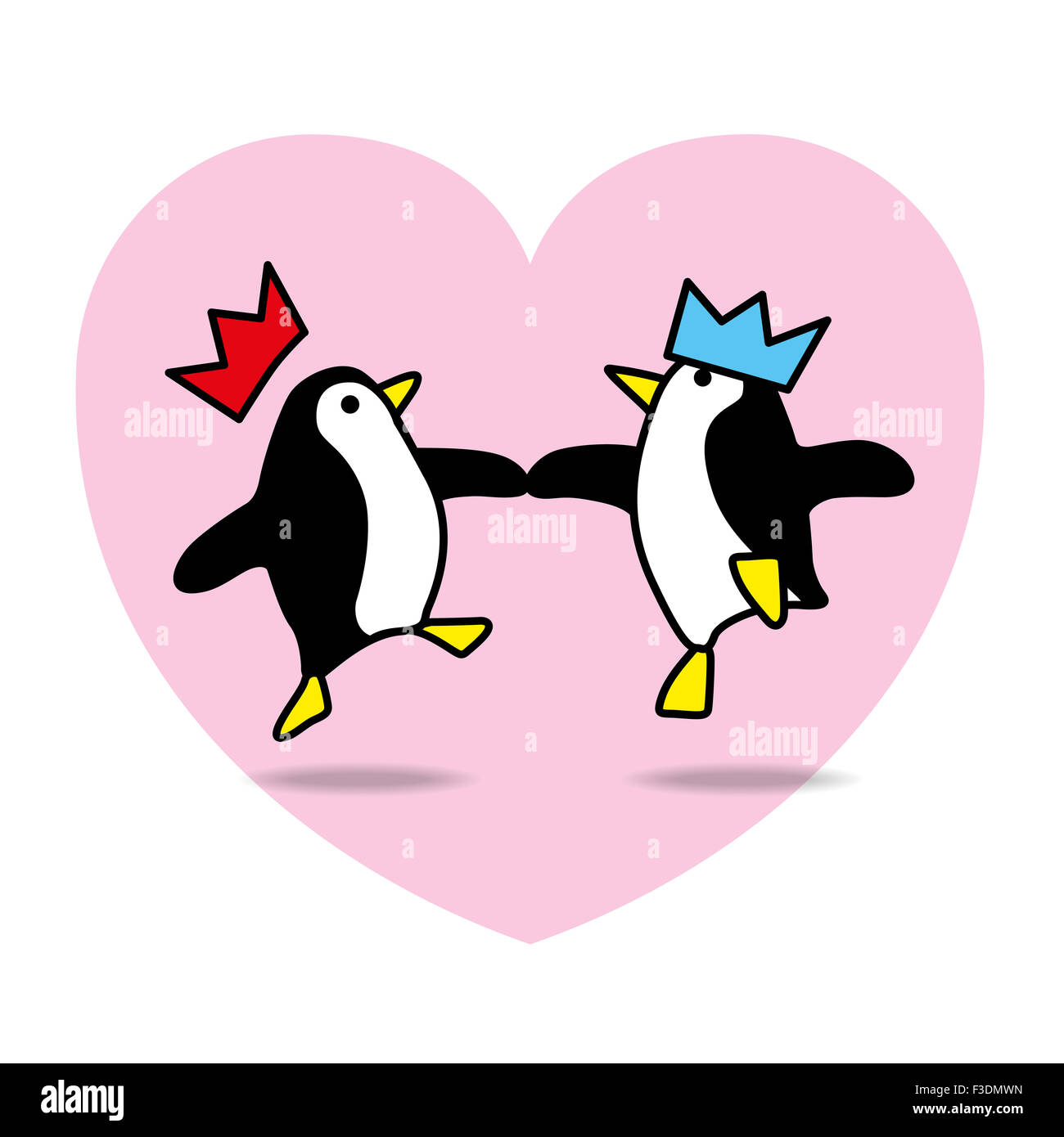 Two Happy Santa Penguins with Paper Hats Dancing with Pink Heart on White Background Stock Photo
