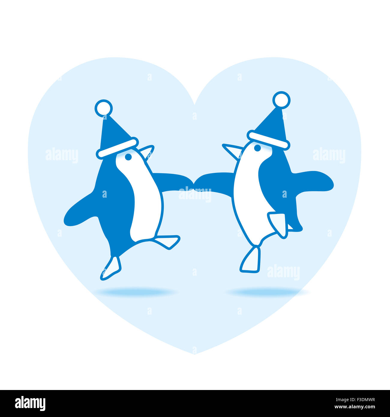 Two Happy Blue Santa Penguins Dancing with Blue Heart on White Background Stock Photo