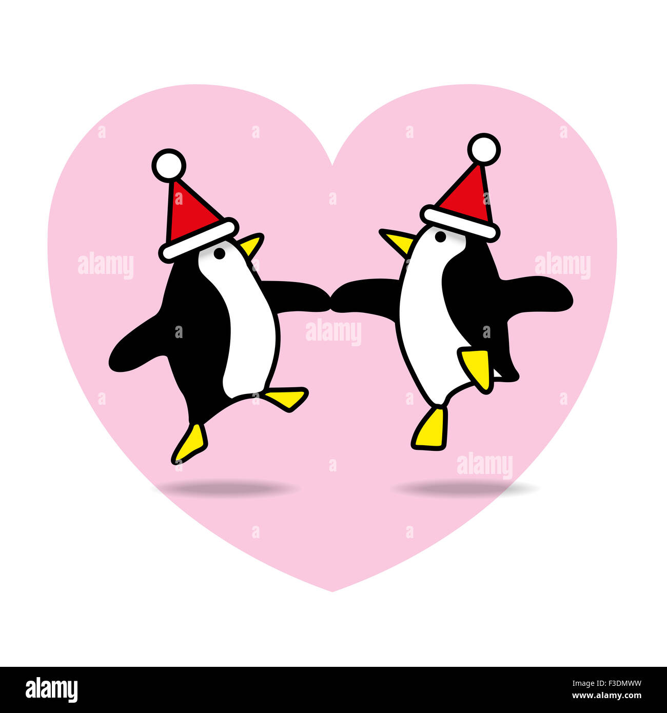 Two Happy Santa Penguins Dancing with Pink Heart on White Background Stock Photo