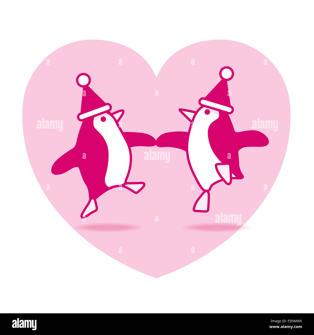 Two Pink Happy Santa Penguins Dancing with Pink Heart on White Background Stock Photo