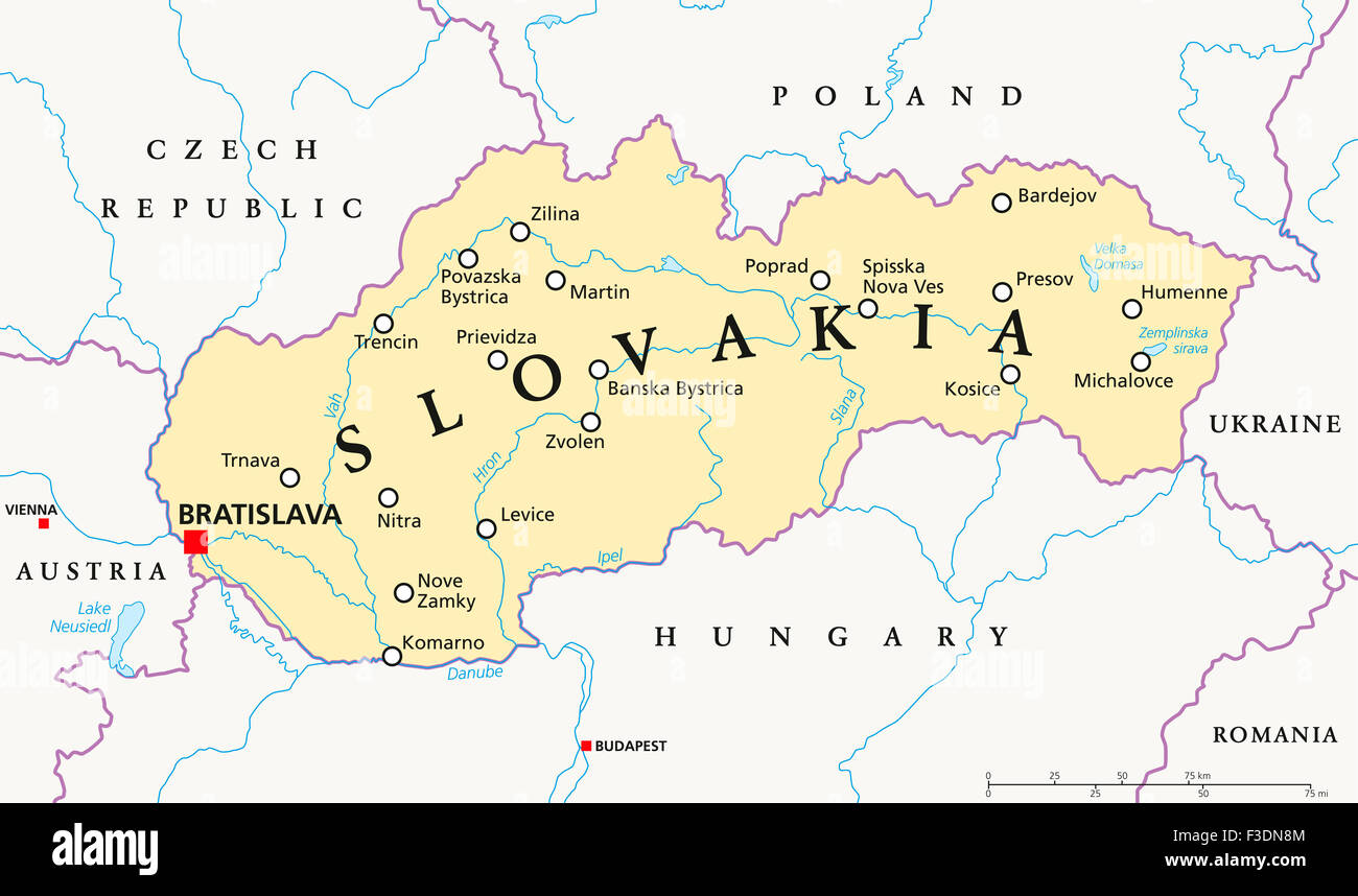 Slovakia political map with capital Bratislava, national borders, important cities, rivers and lakes. English labeling / scaling Stock Photo