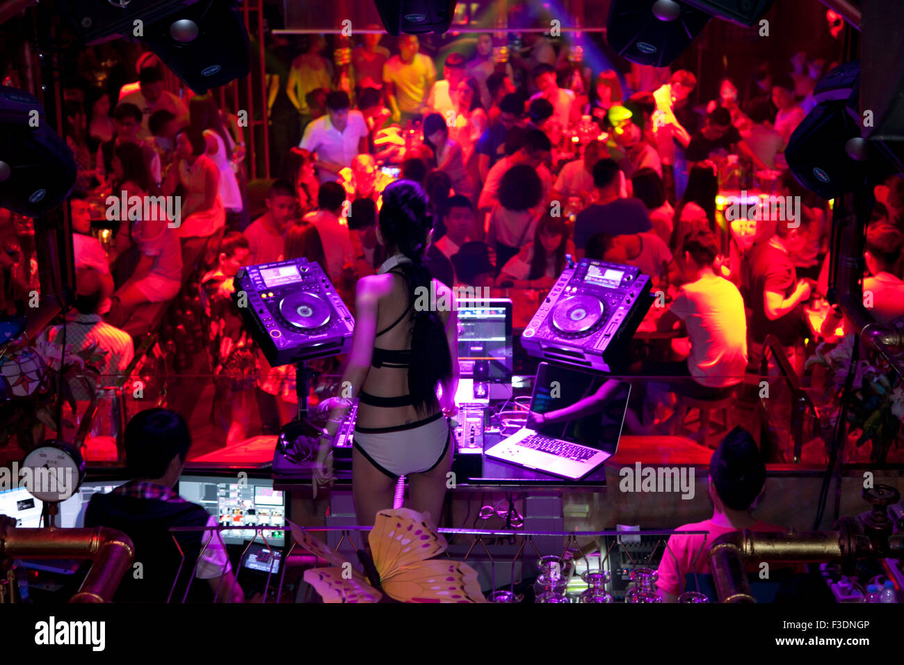 An elevated DJ stand at a typical bar and club in China. Stock Photo