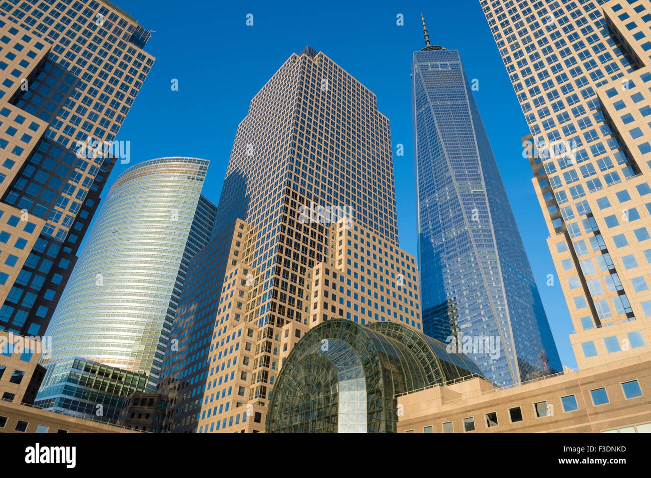 NEW YORK CITY, USA - JULY 05, 2015: Downtown Manhattan skyline featuring the World Financial Center and One World Trade Center. Stock Photo