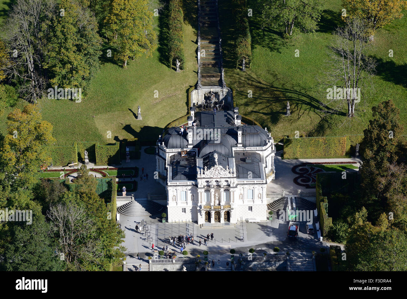 AERIAL VIEW. Linderhof Palace, one of the three residences of King Ludwig II. Linderhof, district of Garmisch-Partenkirchen, Bavaria, Germany. Stock Photo