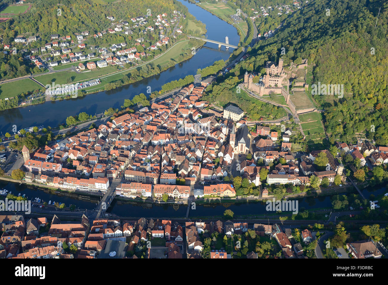 AERIAL VIEW. Medieval town at the confluence of the Main (on the left) and Tauber Rivers. Wertheim am Main, Baden-Württemberg, Germany. Stock Photo