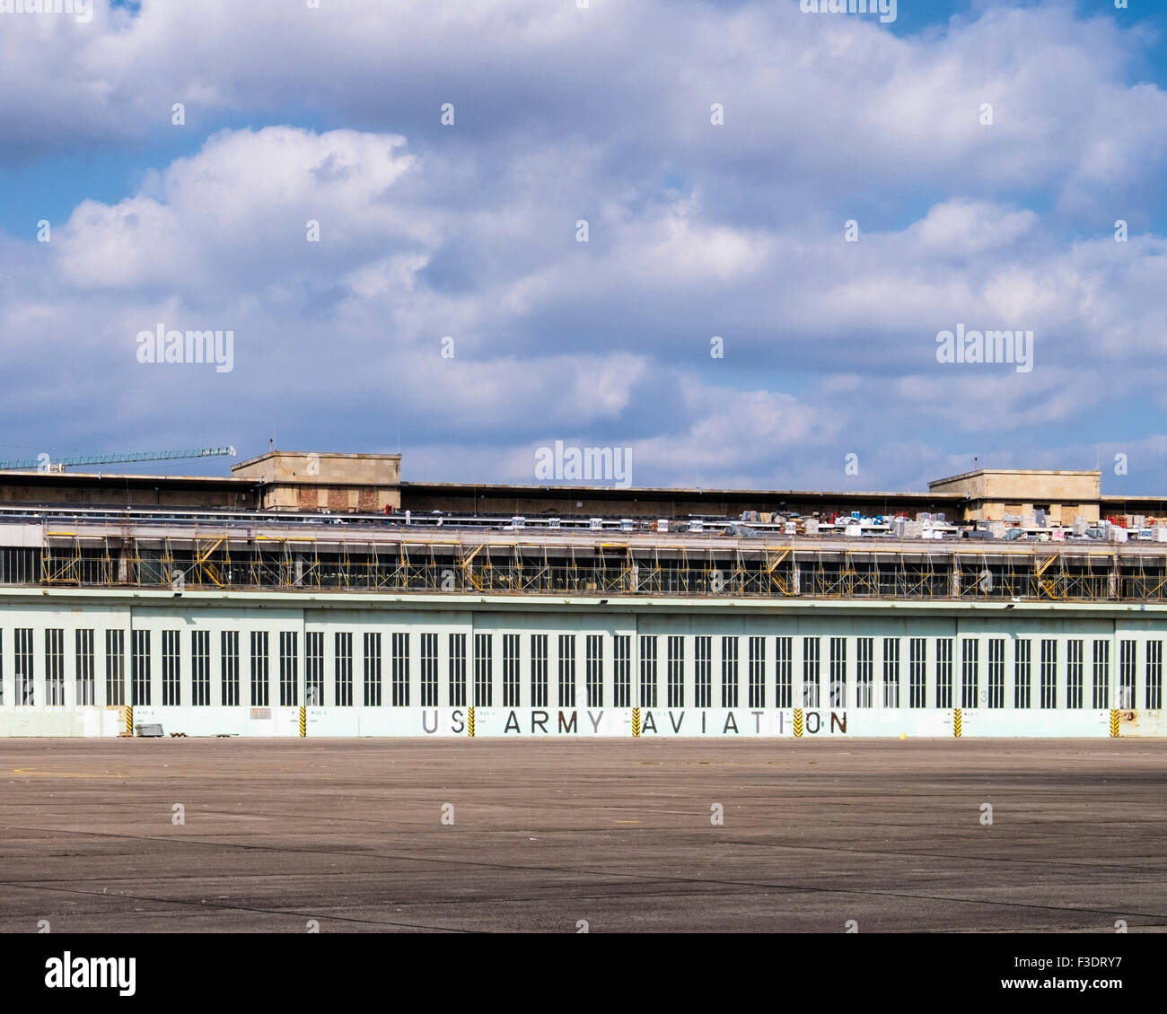 Berlin Tempelhof Airport, Flughafen Berlin-Tempelhof THF  US Army aviation hangar buildings and runway of obsolete airfield Stock Photo