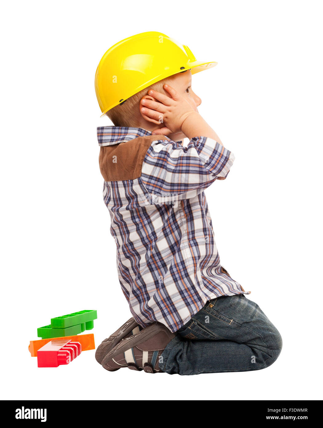 child play with construction toy blocks isolated on white Stock Photo