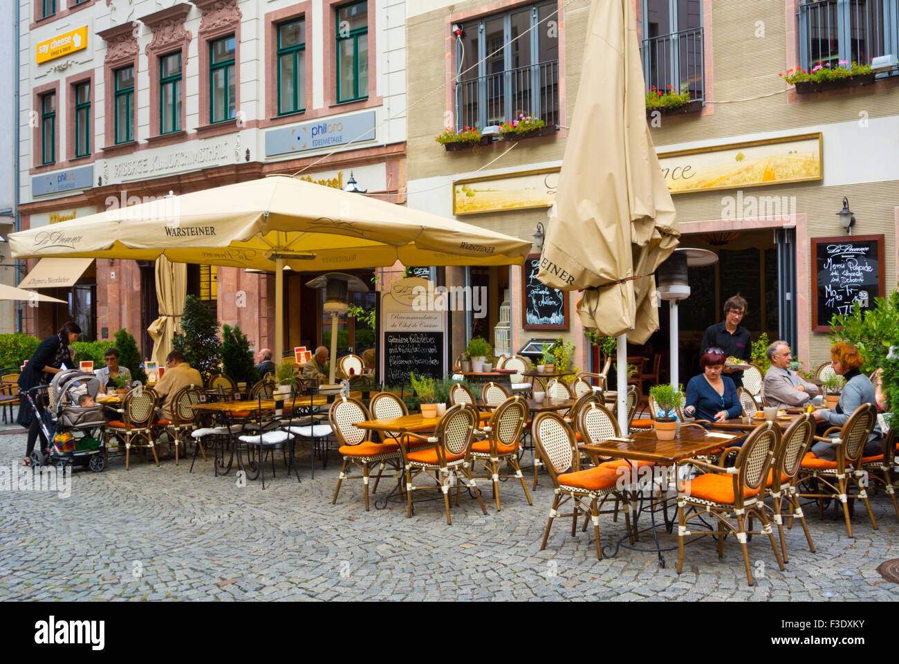 Restaurant terraces, Kleine Fleischergasse, Altstadt, old town, Leipzig, Saxony, Germany Stock Photo