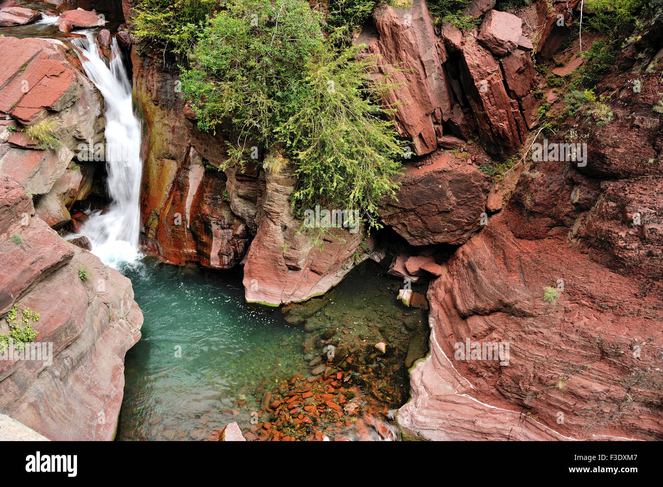 red stones and green plants of the Gorges du Cians with waterfall; French Alps, France Stock Photo