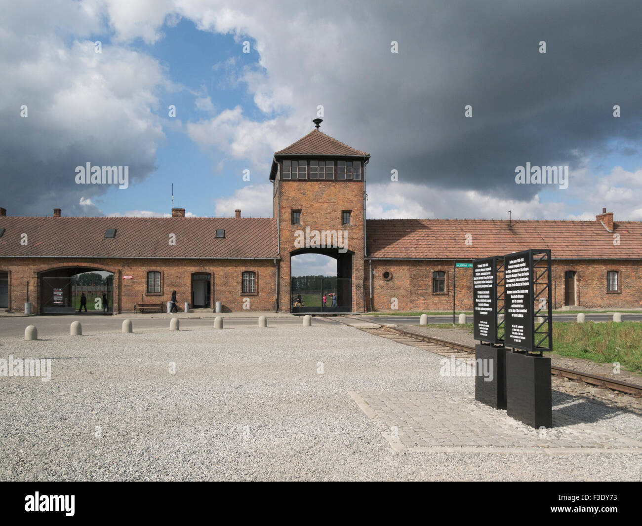Entrance to former Auschwitz-Birkenau Concentration Camp memorial and museum Oświęcim Poland where thousands of Jews were murdered by German Nazis Stock Photo