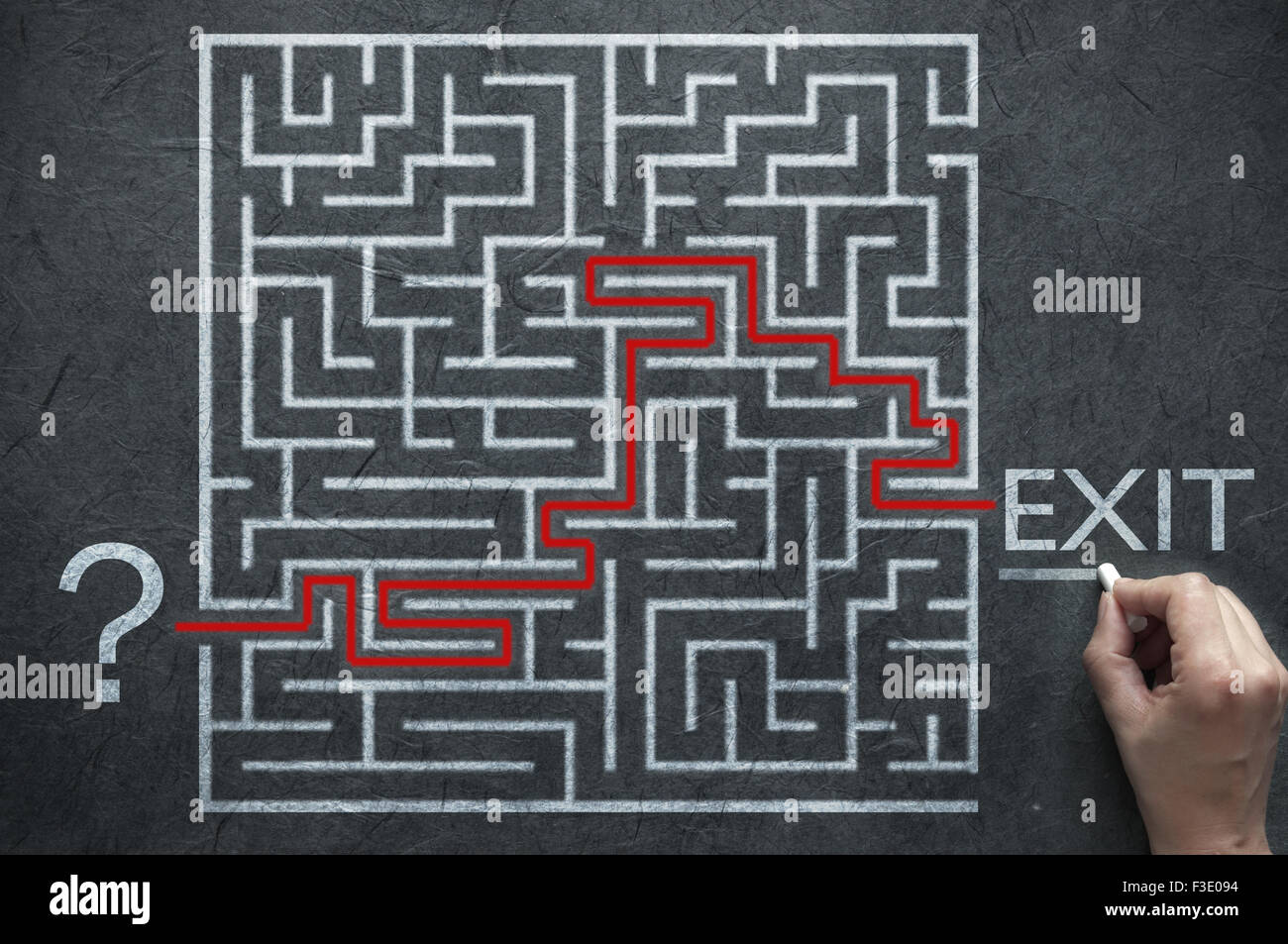 Maze path solution leading from start point to exit sign Stock Photo