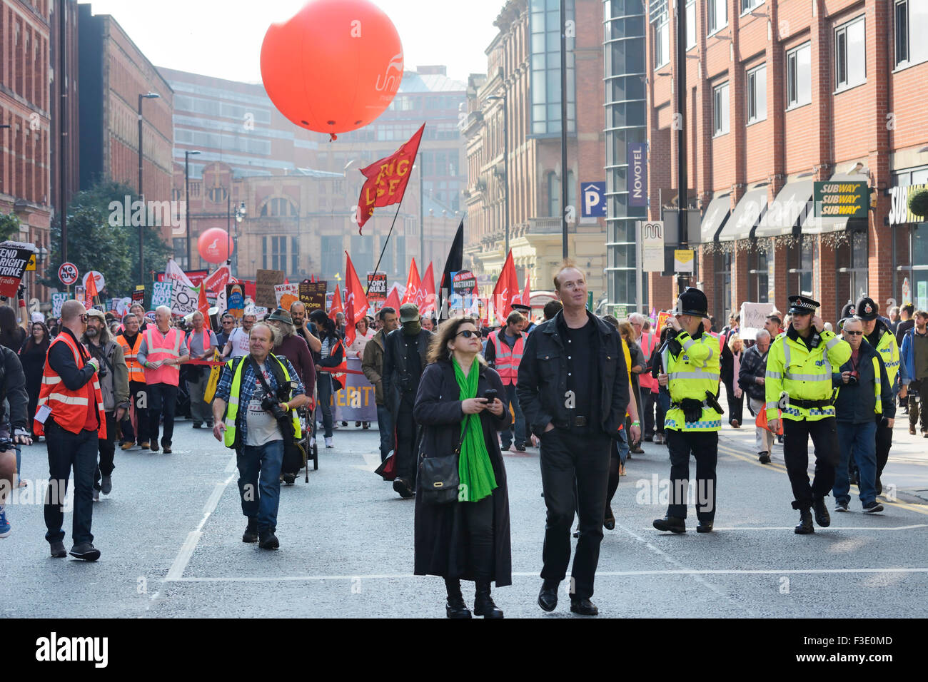 Anti-austerity march through Manchester city centre during the Conservative Party Conference. Stock Photo