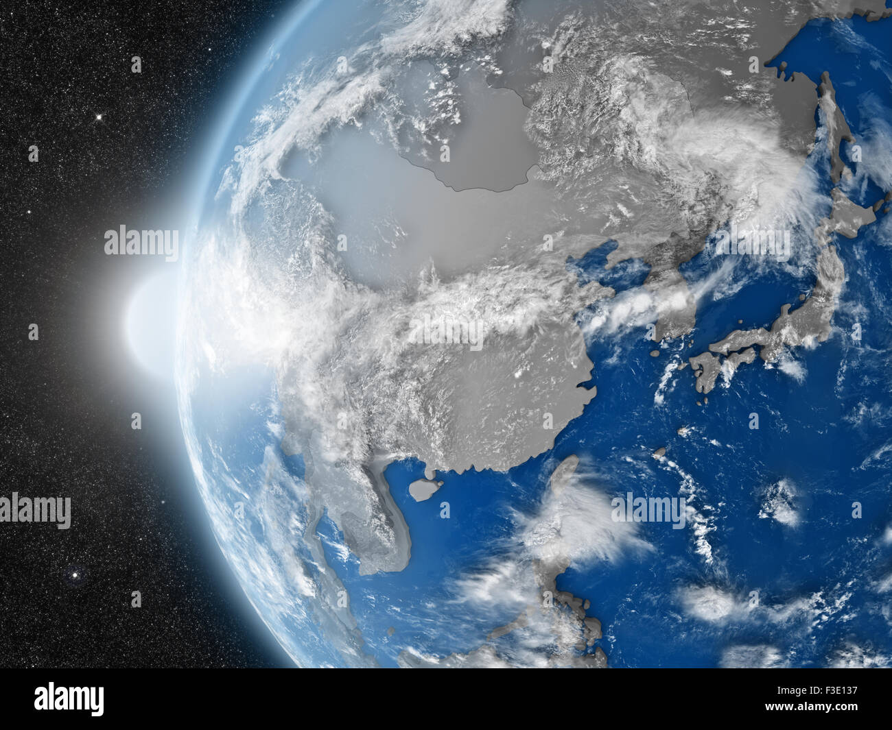 Concept of planet Earth as seen from space but with political borders aimed at east Asia region Stock Photo