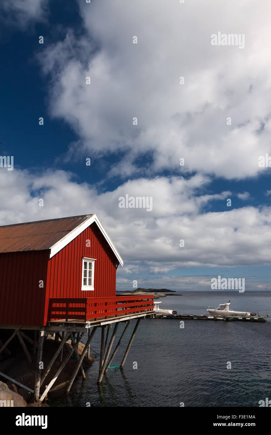 Typical red rorbu fishing hut in town of Svolvaer Stock Photo