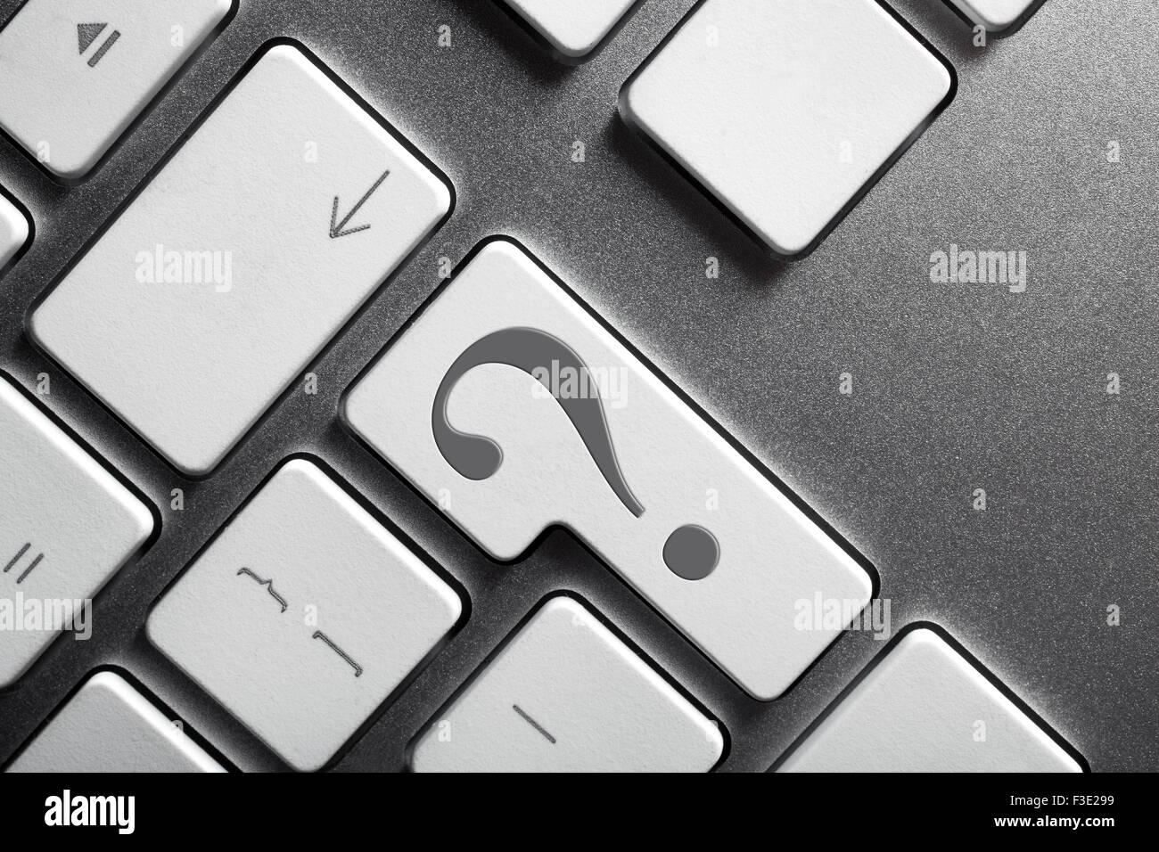 Close up of a keyboard with a big question mark featuring on Enter key Stock Photo