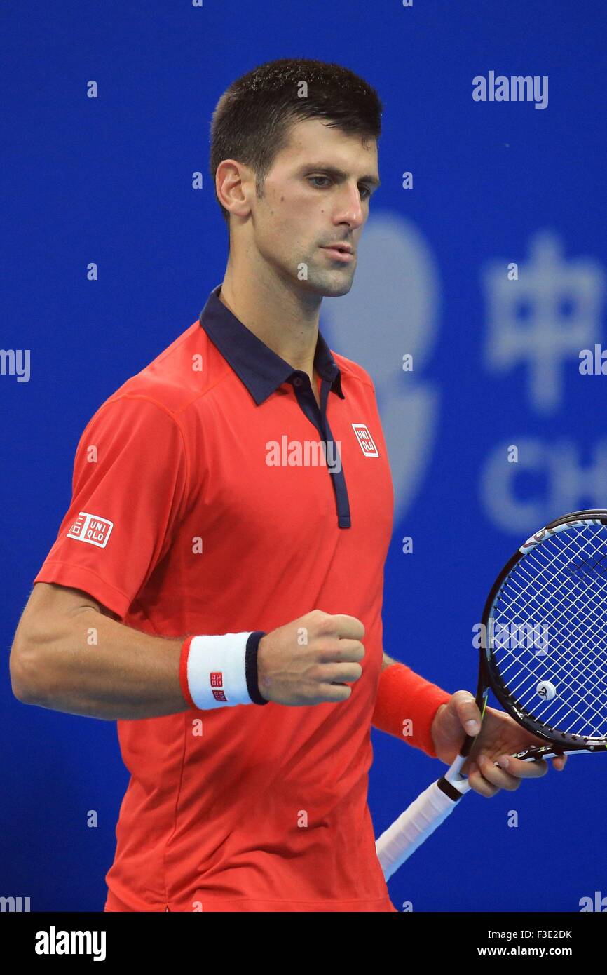 Beijing, China. 6th Oct, 2015. Novak Djokovic of Serbia celebrates during  the men's singles first round match of China Open Tennis Tournament against  Simone Bolelli of Italy at the National Tennis Center