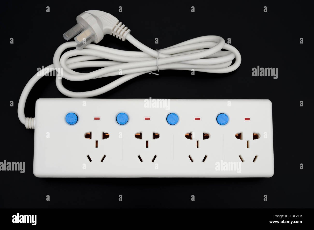 multi sockets power extension with individual switches on black Stock