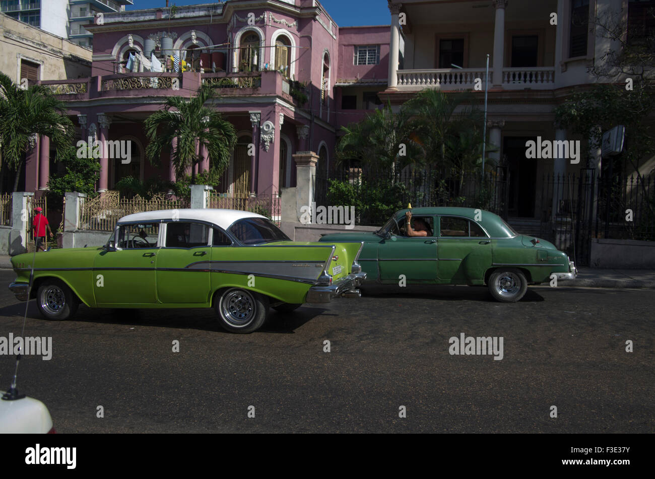 Antique American vintage car on the street in Havana, Republic of Cuba Stock Photo