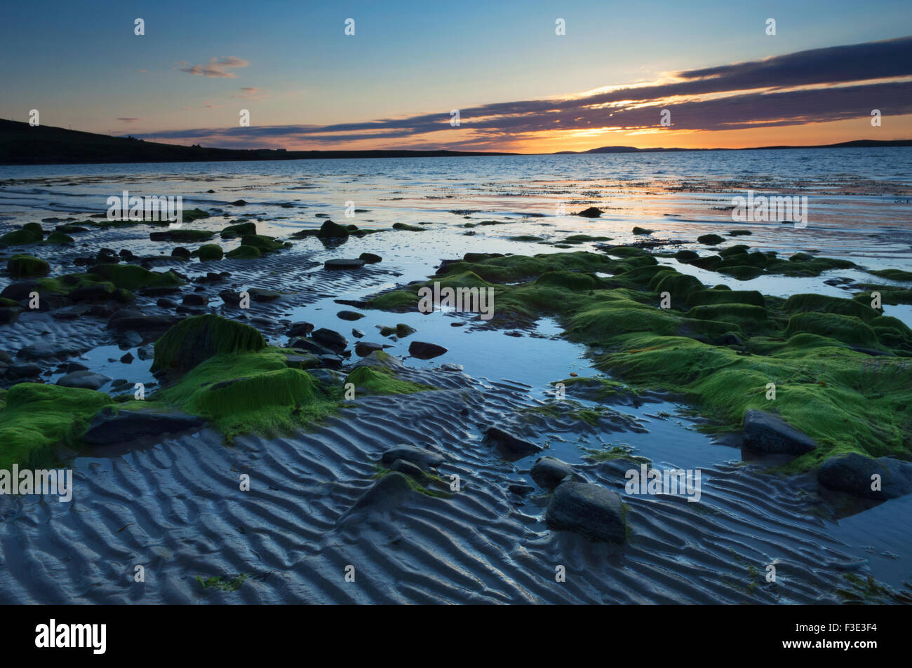 Sunset at the Sands of Mussetter on the island of Eday, Orkney Islands, Scotland. Stock Photo