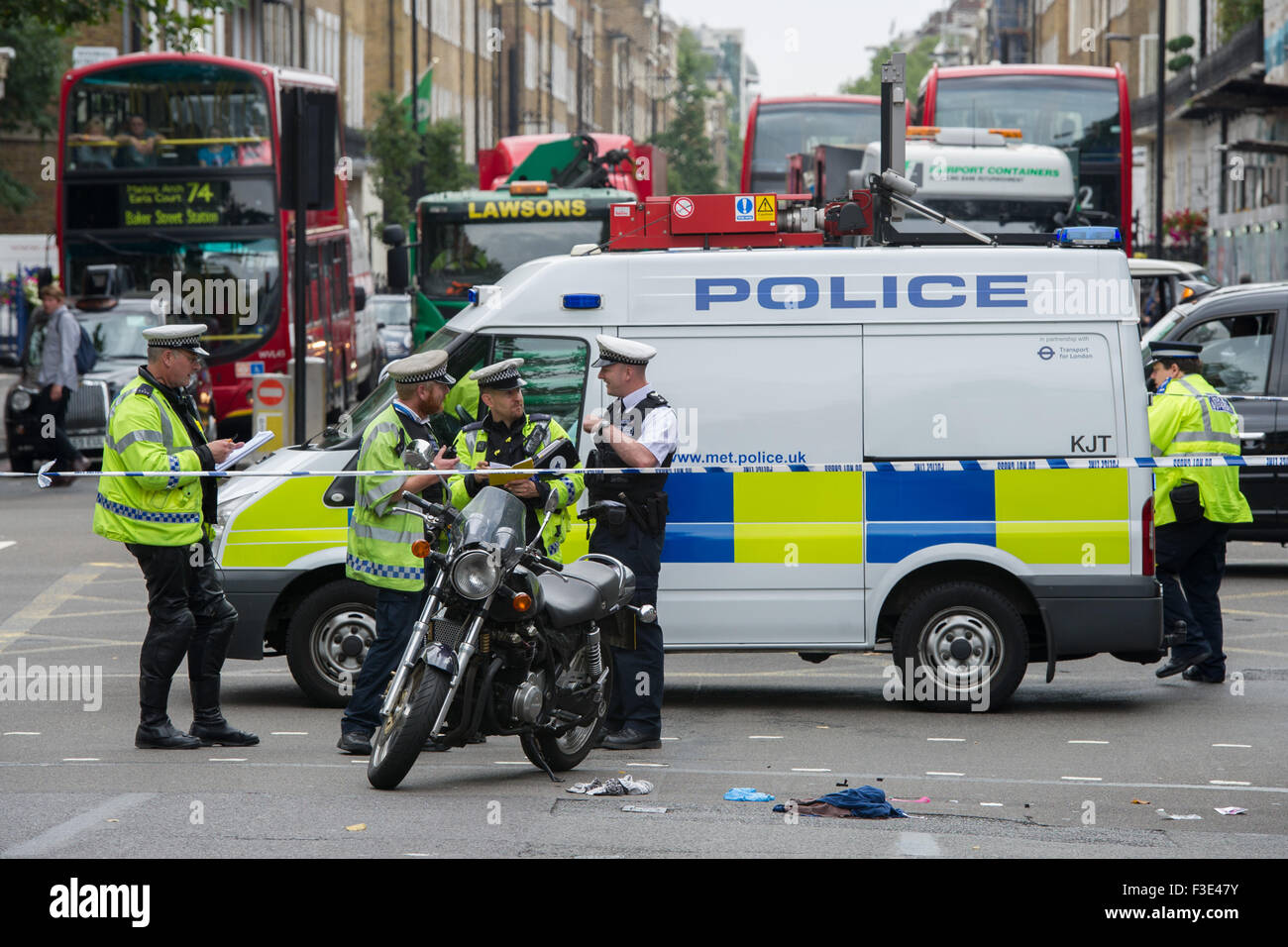 The aftermath of a road traffic accident on London's Marylebone Road. A ...