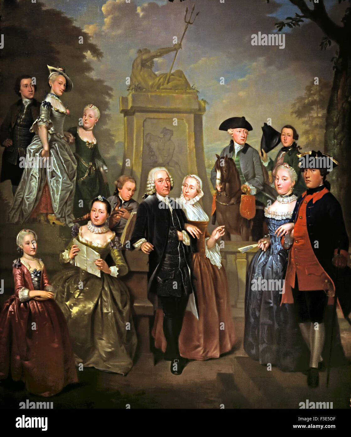 Theodorus Diocese van Vliet and his family  1757 by Jan Stolker  ( Portrait of Theodore Diocese van Vliet (1698-1777), mayor of Haastrecht and Water Control of the Krimpenerwaard with his family on a terrace in the garden of his house at Haastrecht for a picture with Neptune and Mercury ) Stock Photo