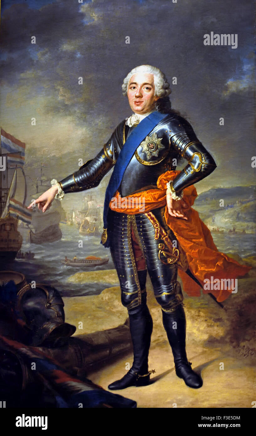 William IV (1711-51), Prince of Orange-Nassau. (  Dutch Netherlands ) 1751 Jacques-André-Joseph Aved 1702 – 1766 ( Le Camelot or The Hawker)  was a French painter of the 18th century and one of the main French Rococo ( Standing in armor, full-length, in a coastal landscape with left military attributes including a gun and a helmet. In the background ships. ) Stock Photo