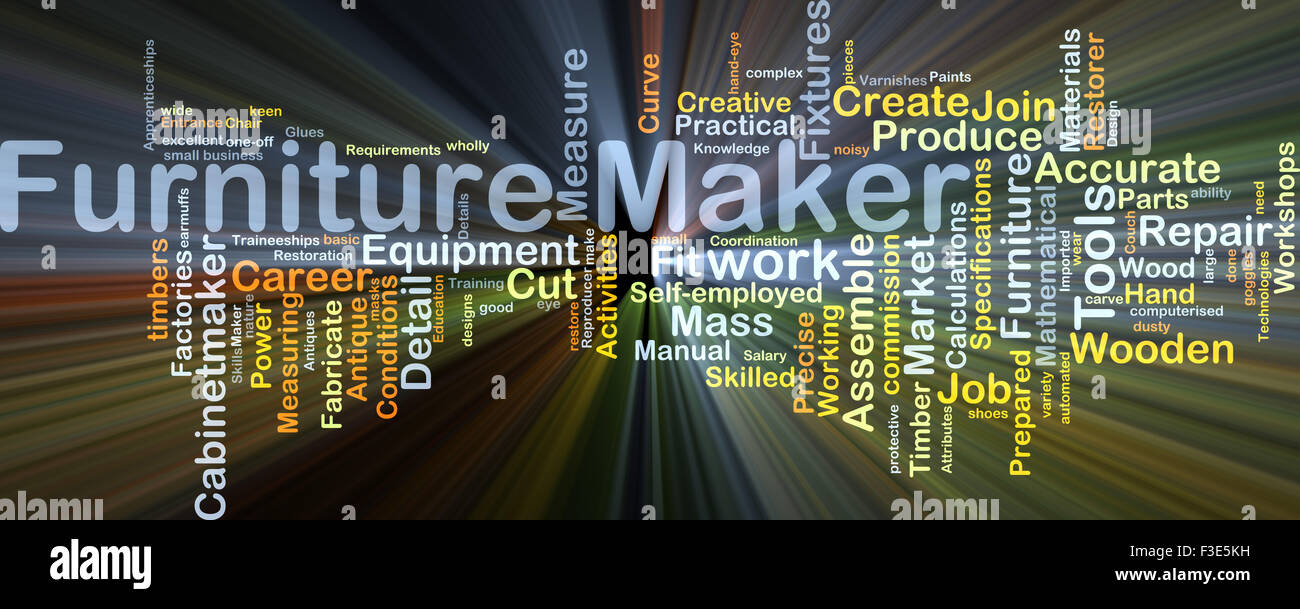 Background concept wordcloud illustration of furniture maker glowing light Stock Photo