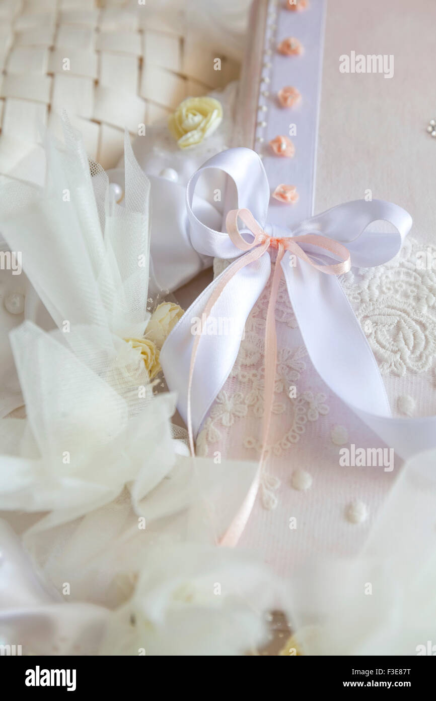 Wedding Book of Wishes decorated with ribbons and dried flowers Stock Photo