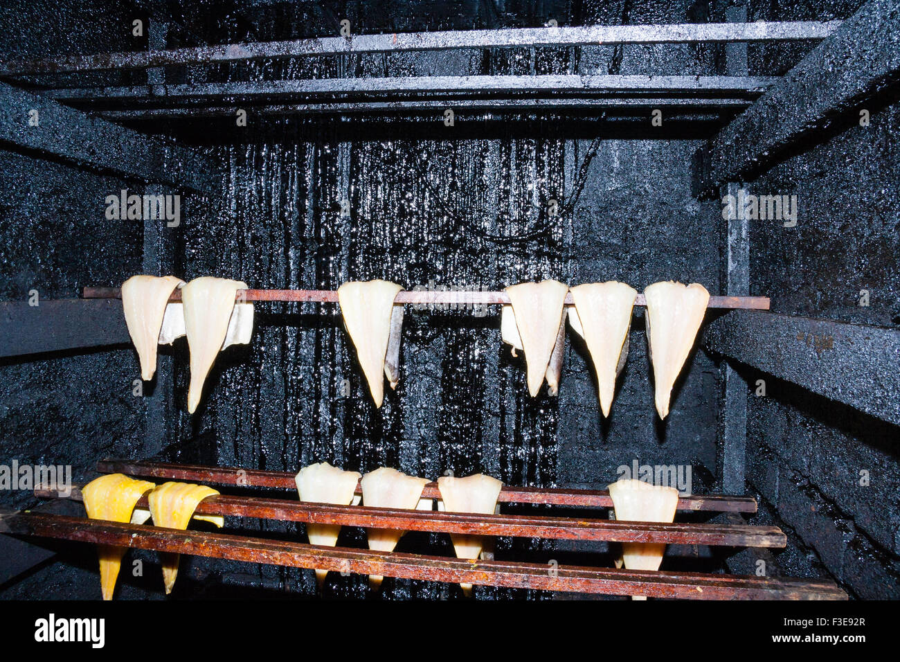 Interior of smoking oven with row of white fish fillets hanging over metal bars while being smoked. Back of over thick with black deposits. Stock Photo