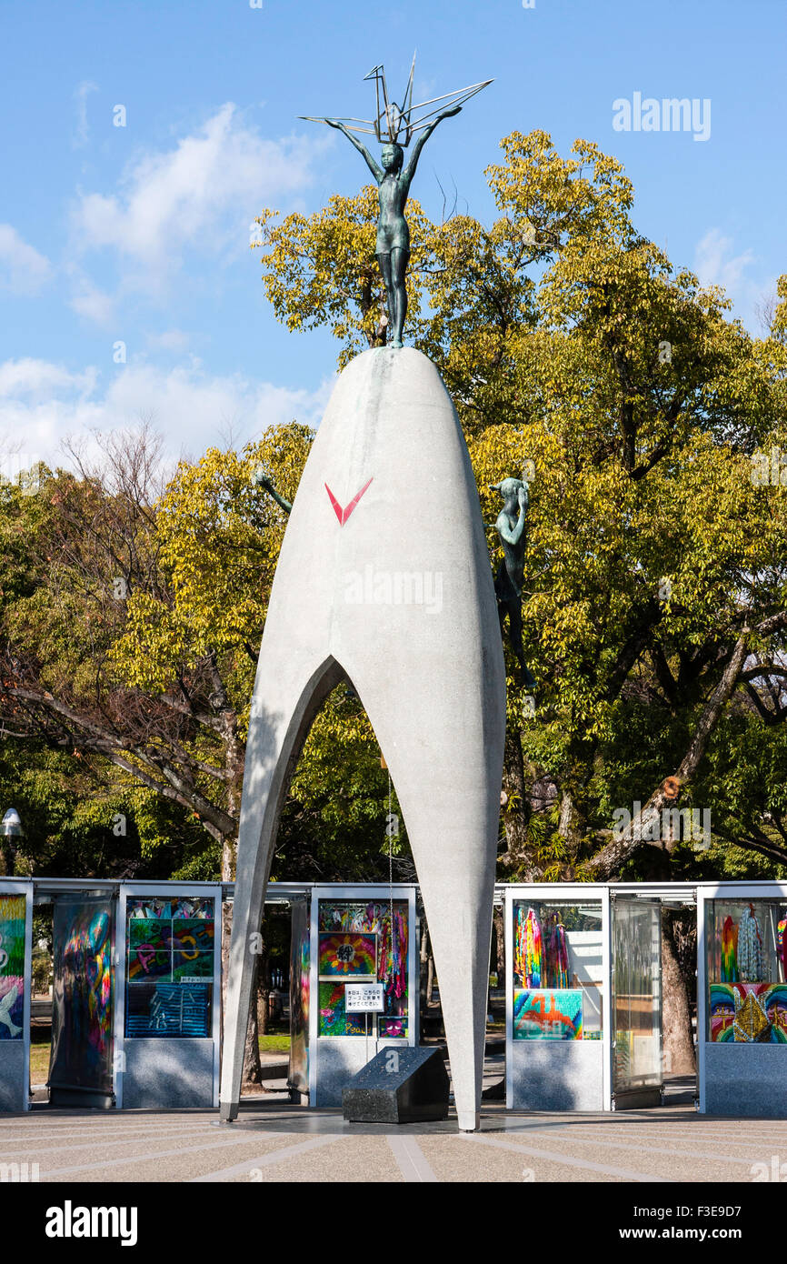 Hiroshima. Children's peace monument built for Sadako Sasaki and the children that died when the bomb exploded. Monument and display of paper cranes. Stock Photo