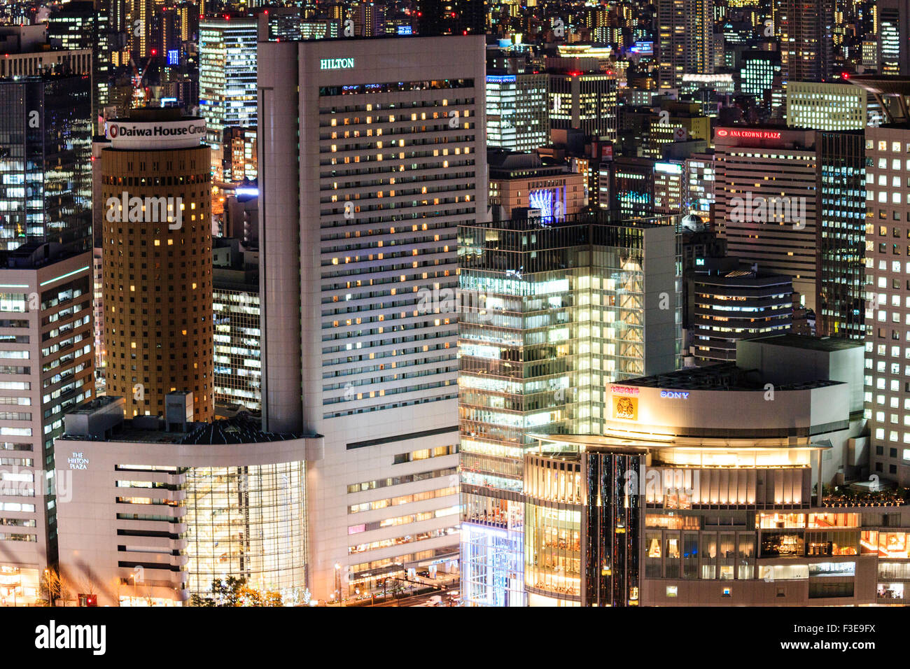 Japanese City Osaka Evening View From The Umeda Sky Building Office Blocks And Hotels Inlcuding The Hilton Building Illuminated Night Time Stock Photo Alamy