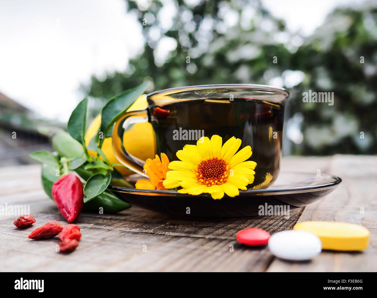 Tea and pills Stock Photo