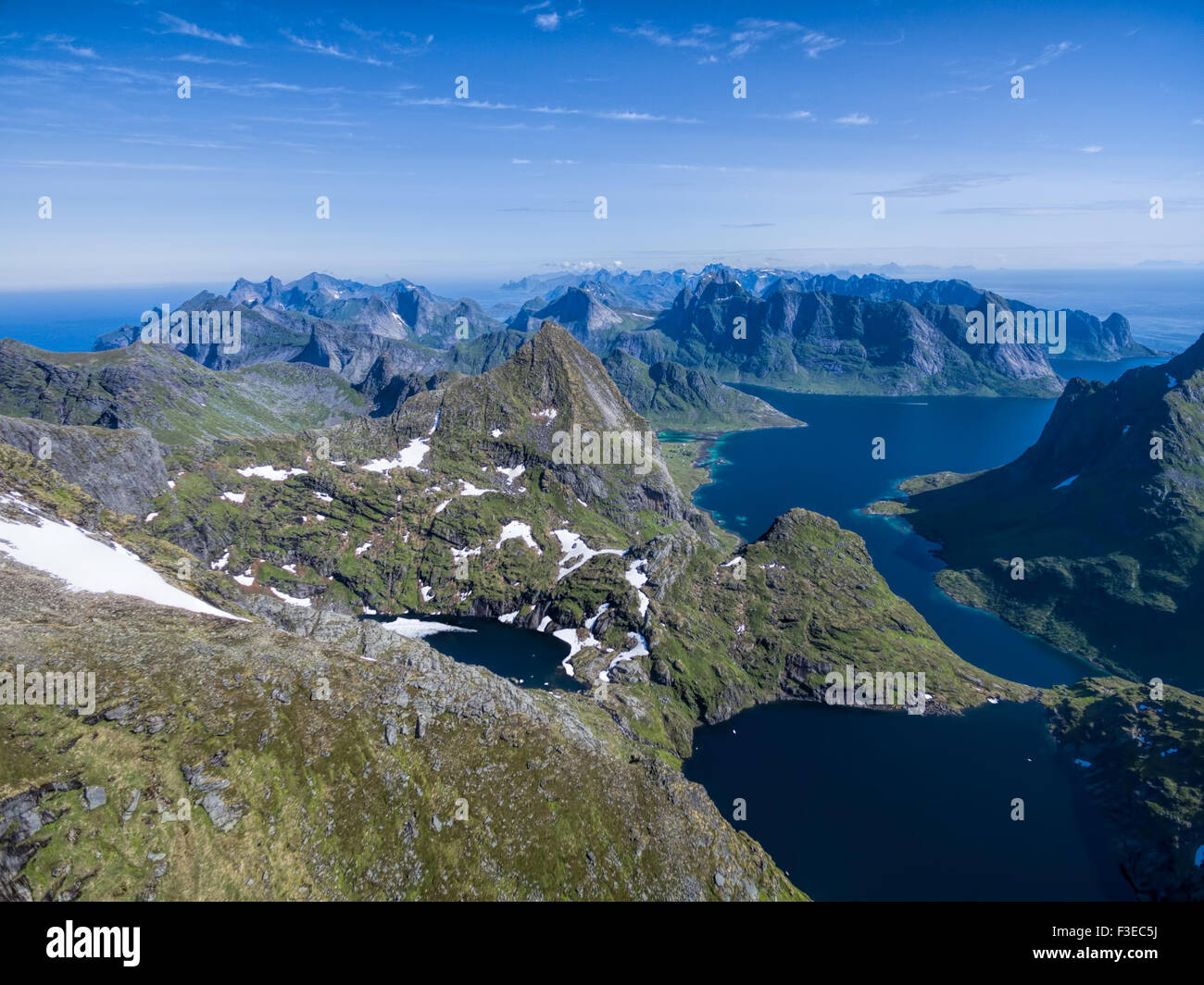 Scenic aerial view of fjords on Lofoten islands in Norway Stock Photo ...