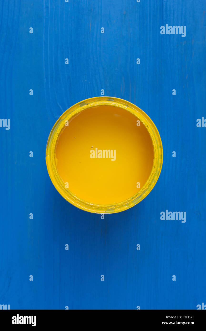 Pot of Yellow paint on a blue wooden background Stock Photo