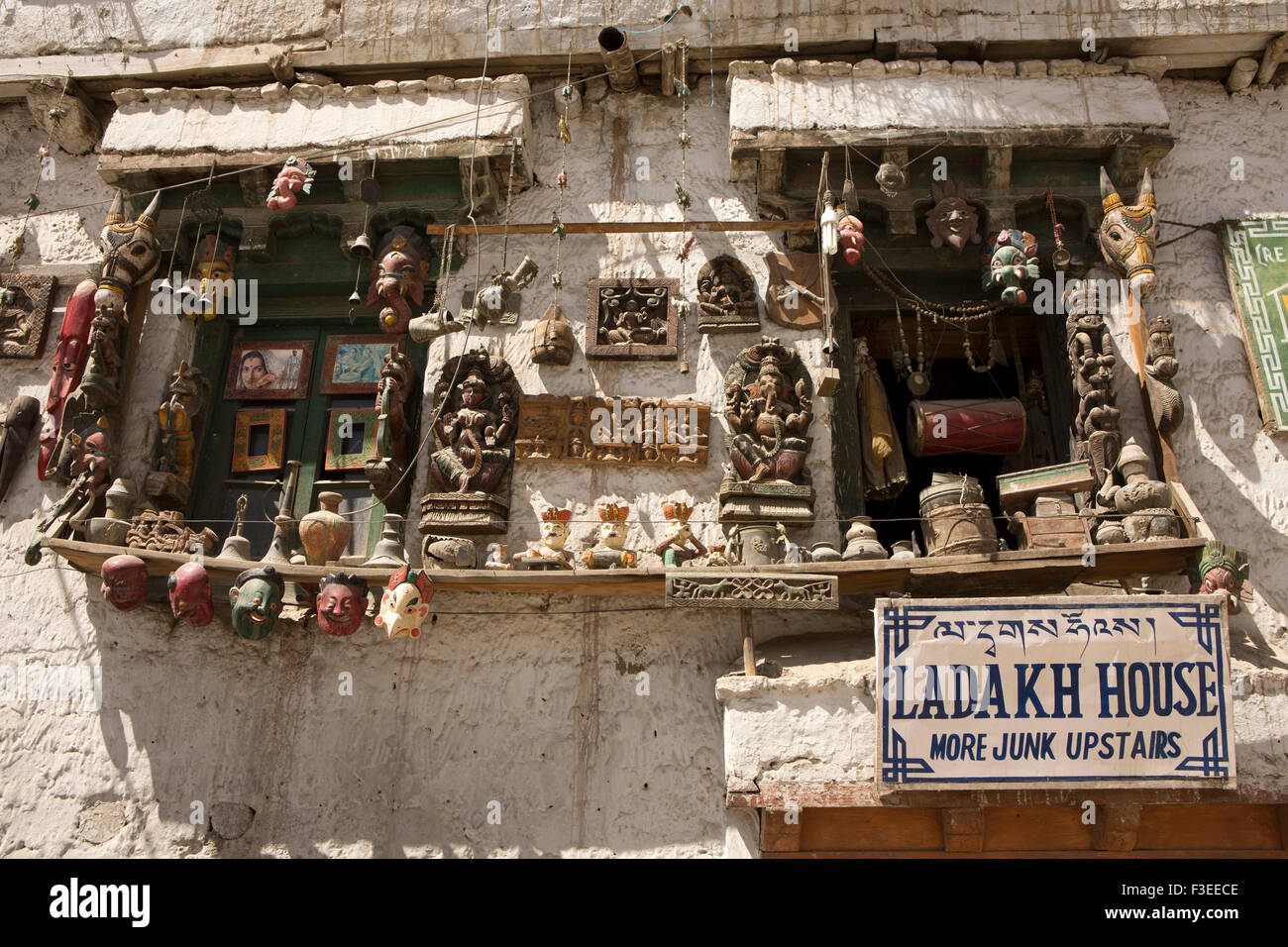 India, Jammu & Kashmir, Ladakh, Leh, Old Town, old crafts on display outside Ladakh House, antiques and junk shop Stock Photo