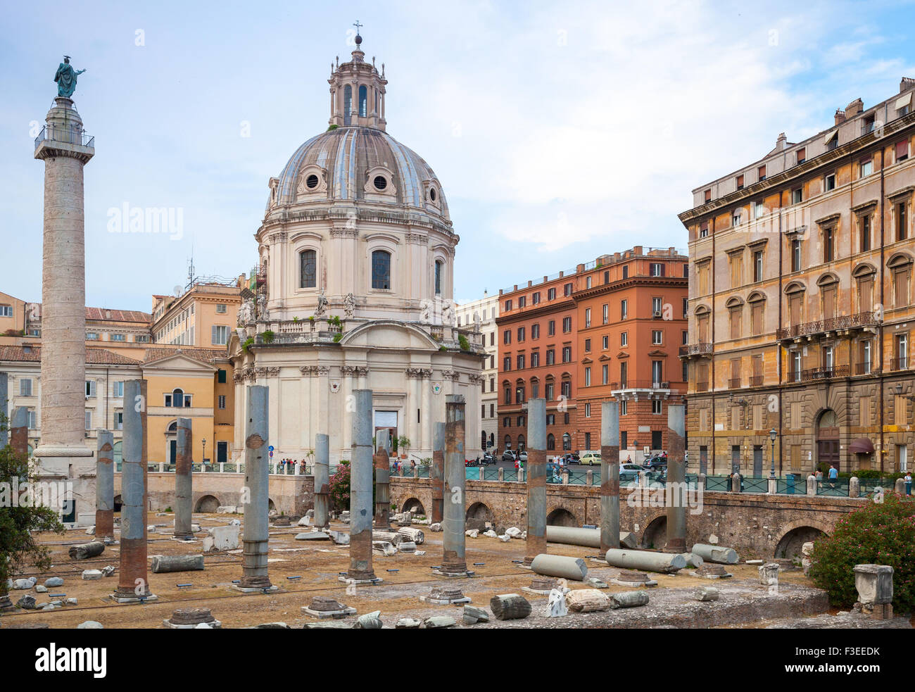 Trajan Column and Santa Maria Di Loreto church in Rome, Italy Stock Photo