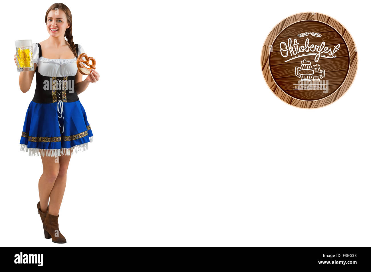 Composite image of oktoberfest girl holding beer and pretzel Stock Photo