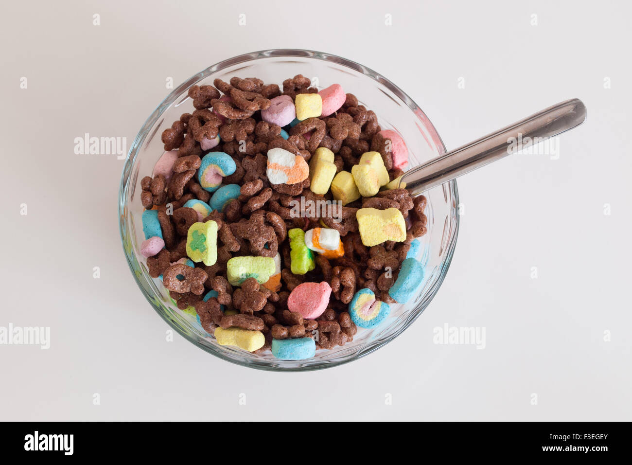 A bowl of Chocolate Lucky Charms cereal, produced by General Mills. Stock Photo