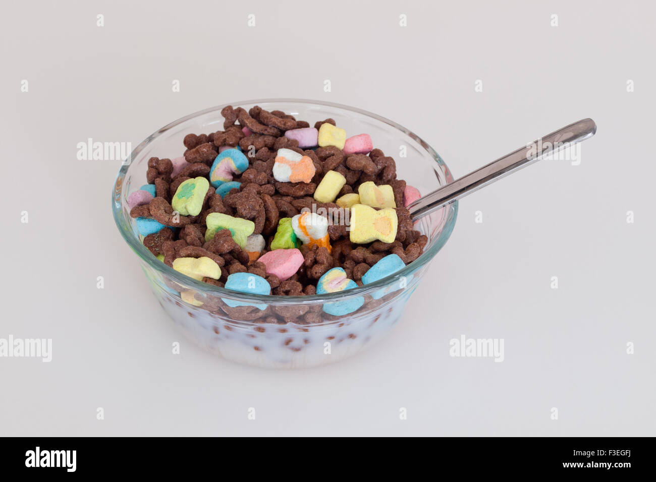 A bowl of Chocolate Lucky Charms cereal, produced by General Mills. Stock Photo