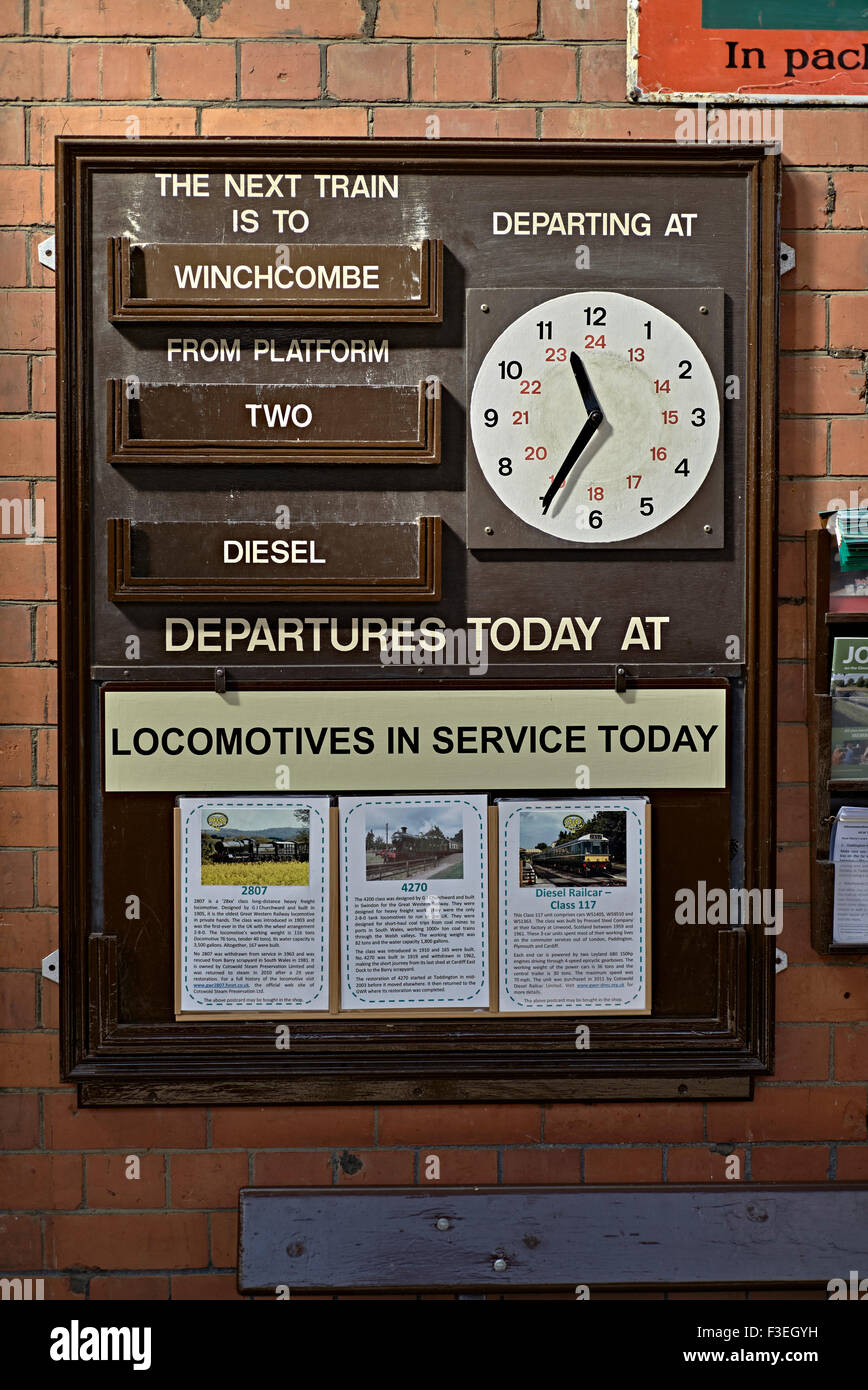 Vintage departure board at the preserved GWR train station Toddington Gloucestershire England UK Stock Photo