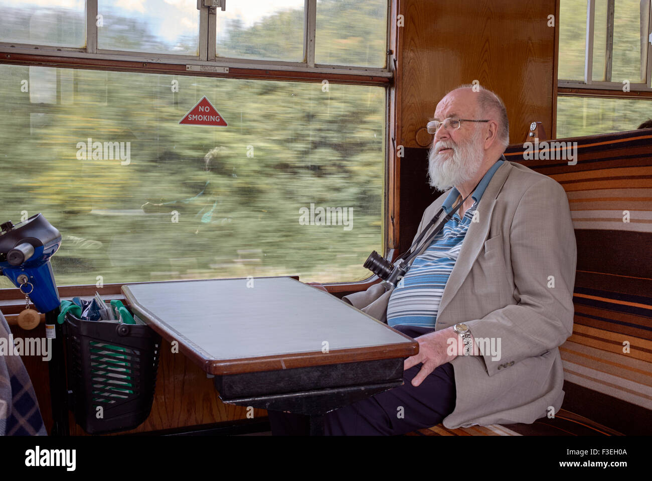 Senior citizen aboard the vintage GWR preserved steam train travelling through the English countryside. England UK. Stock Photo