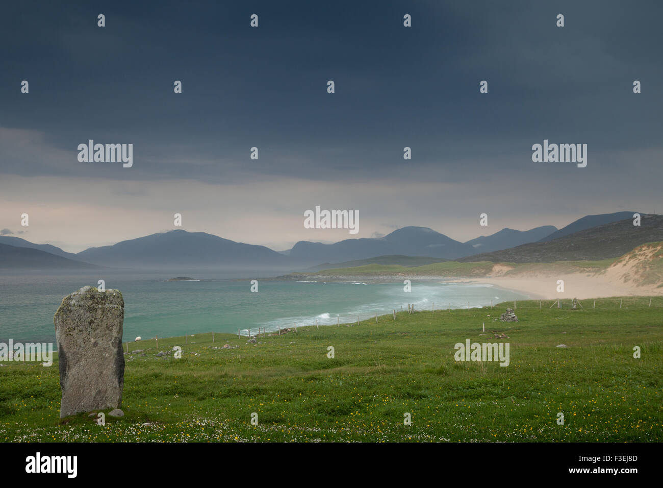 The Single standing stone Clach Steineagaidh, Isle of Harris, Outer Hebrides, Scotland. Stock Photo