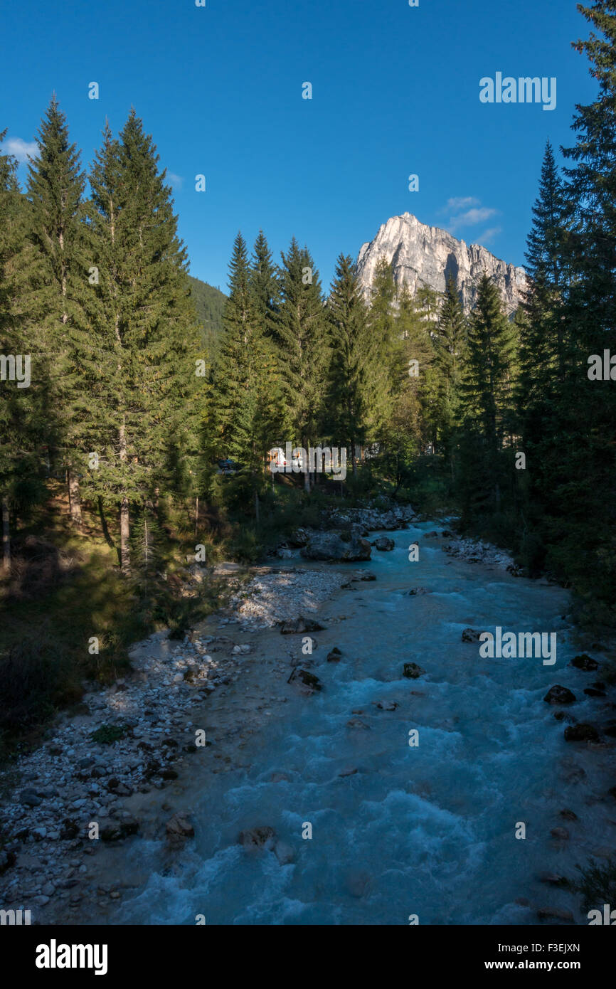 Looking down the river in the early morning towards Col Rosa in Cortina, Italy (The Dolomites) Stock Photo