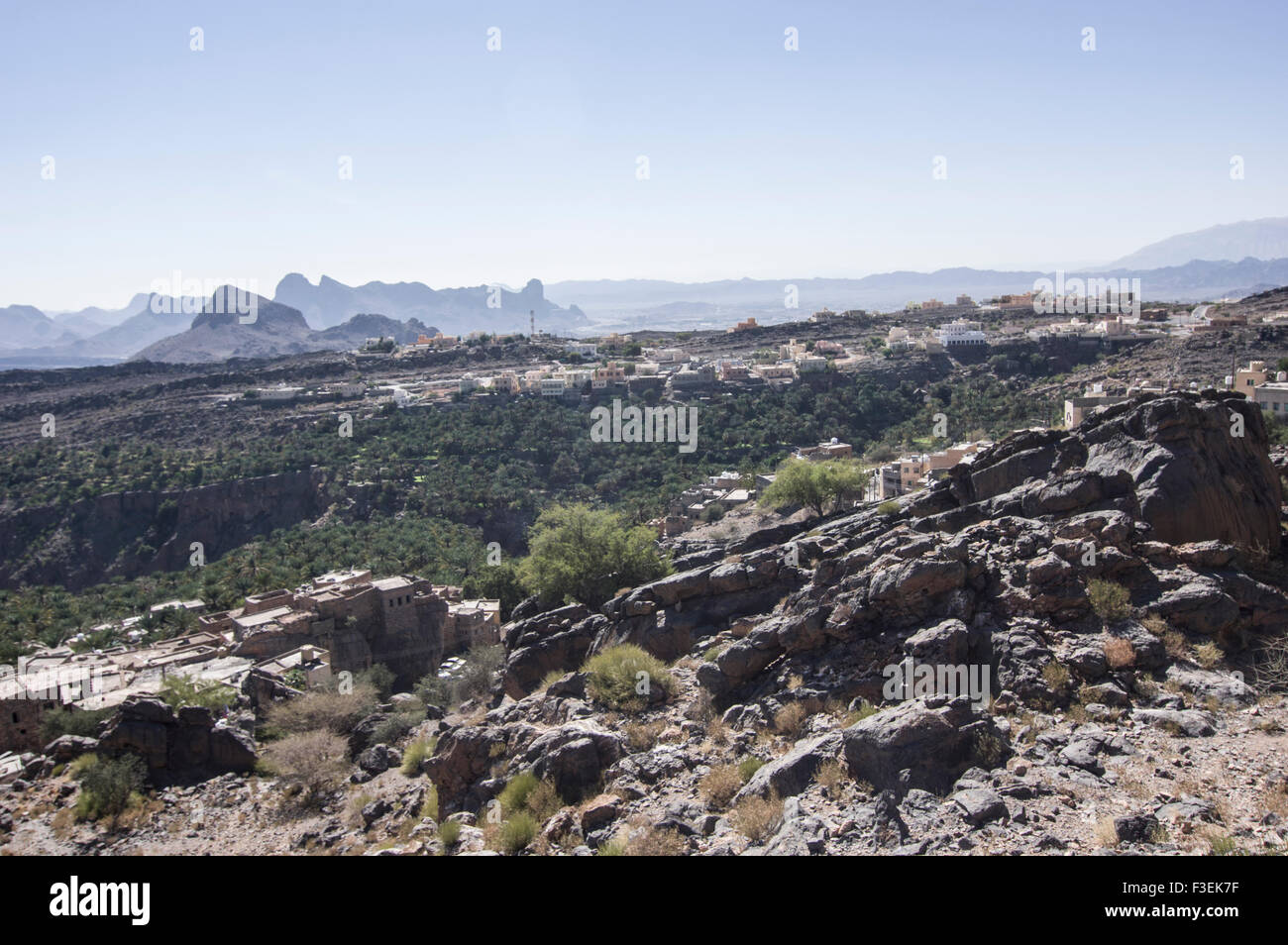 View over canyons in the oasis village of Misfat al Abriyeen in the Sultanate of Oman, Stock Photo