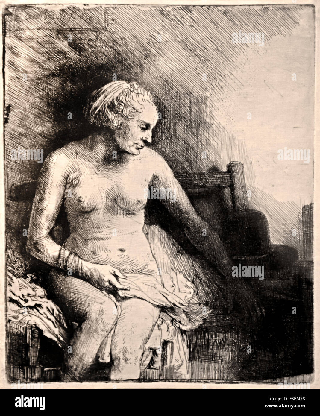 Woman at the Bath, with a Hat beside her 1658 Rembrandt Harmenszoon van Rijn1606–1669  Dutch Netherlands Etching Etch Stock Photo