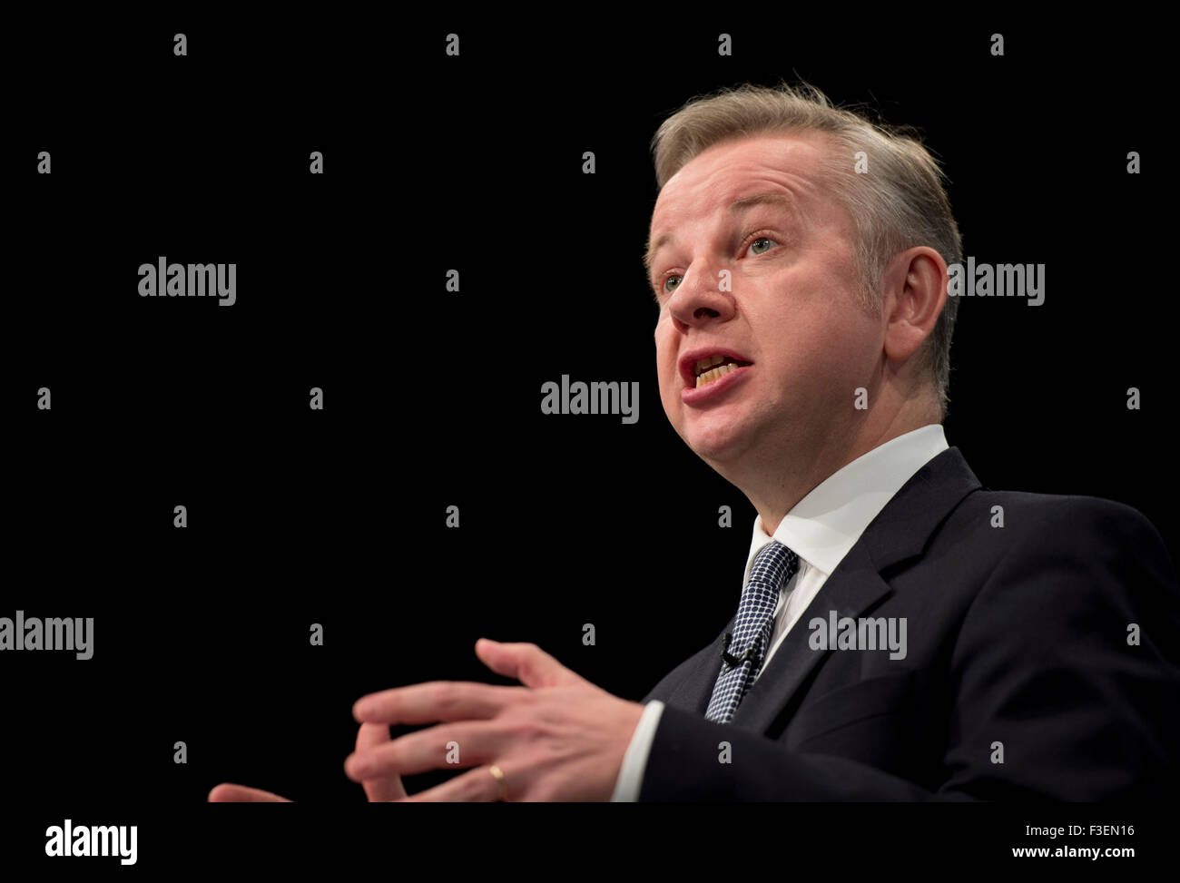 Manchester, UK. 6th October 2015. The Rt Hon Michael Gove MP, Lord Chancellor and Secretary of State for Justice speaks speaks at Day 3 of the 2015 Conservative Party Conference in Manchester. Credit:  Russell Hart/Alamy Live News. Stock Photo
