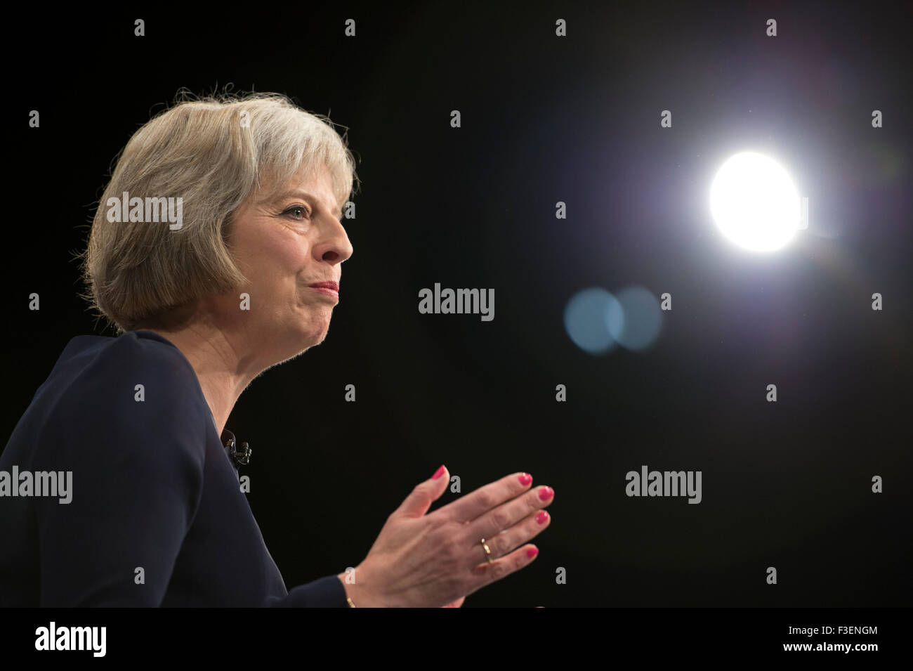 Manchester, UK. 6th October 2015. The Rt Hon Theresa May MP, Secretary of State for the Home Department speaks at Day 3 of the 2015 Conservative Party Conference in Manchester. Credit:  Russell Hart/Alamy Live News. Stock Photo