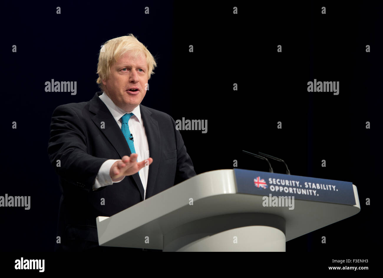 Manchester, UK. 6th October 2015. Boris Johnson, Mayor of London speaks at Day 3 of the 2015 Conservative Party Conference in Manchester. Credit:  Russell Hart/Alamy Live News. Stock Photo